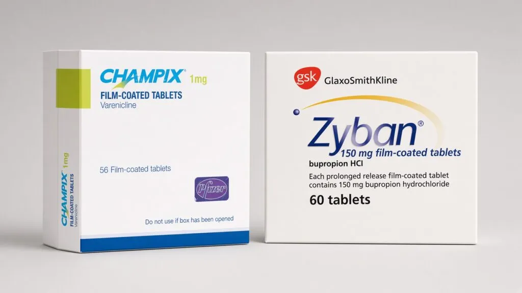 Boîtes originales de Champix 1 mg (varénicline, Pfizer) et de Zyban 150 mg (bupropion, GlaxoSmithKline) placées côte à côte sur fond neutre