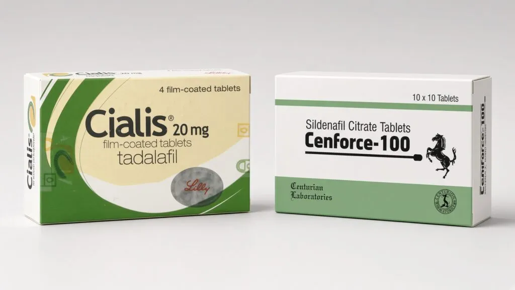 Boîtes originales de Cialis 20 mg (tadalafil, Eli Lilly) et de Cenforce-100 (sildénafil, Centurion Laboratories) placées côte à côte sur fond neutre