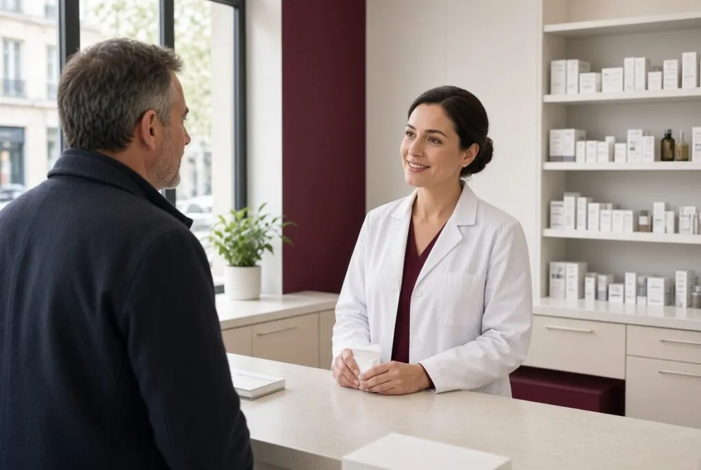 Pharmacienne en blouse blanche discutant avec un patient au comptoir d’une pharmacie moderne et lumineuse