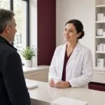 Pharmacienne en blouse blanche discutant avec un patient au comptoir d’une pharmacie moderne et lumineuse