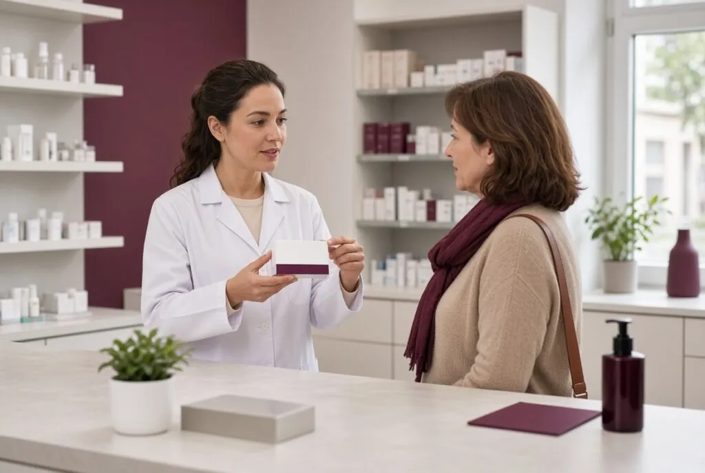 Pharmacien expliquant le traitement par oseltamivir à un patient dans une pharmacie moderne à Nolay
