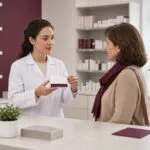 Pharmacien expliquant le traitement par oseltamivir à un patient dans une pharmacie moderne à Nolay