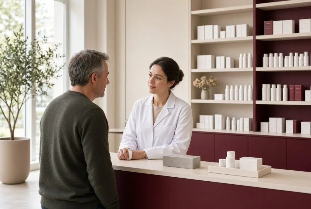 Pharmacien discutant avec un patient dans une pharmacie moderne et lumineuse à Nolay