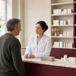 Pharmacien discutant avec un patient dans une pharmacie moderne et lumineuse à Nolay