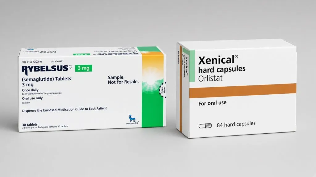 Boîtes originales de Rybelsus 3 mg (sémaglutide, Novo Nordisk) et de Xenical 120 mg (orlistat) placées côte à côte sur fond neutre