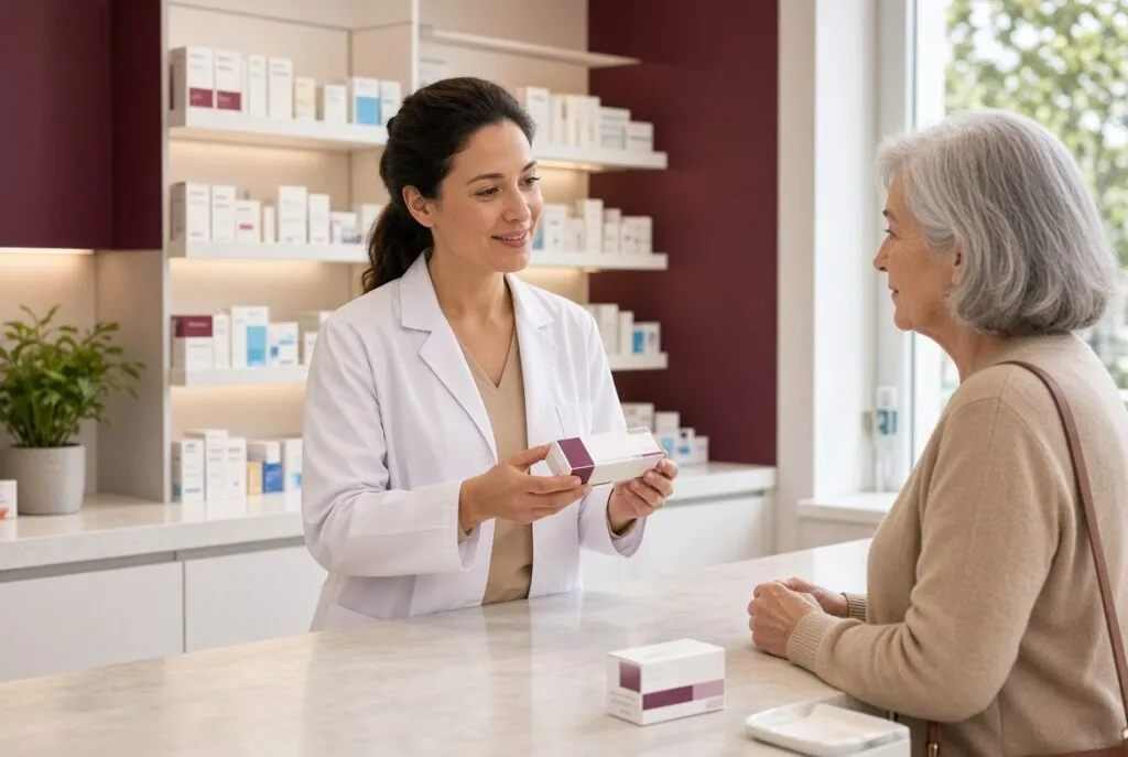 Pharmacien expliquant le traitement par amantadine à un patient dans une pharmacie moderne à Nolay