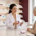 Pharmacien expliquant le traitement par amantadine à un patient dans une pharmacie moderne à Nolay