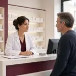 Pharmacien discutant avec un patient au comptoir d’une pharmacie moderne et lumineuse à Nolay