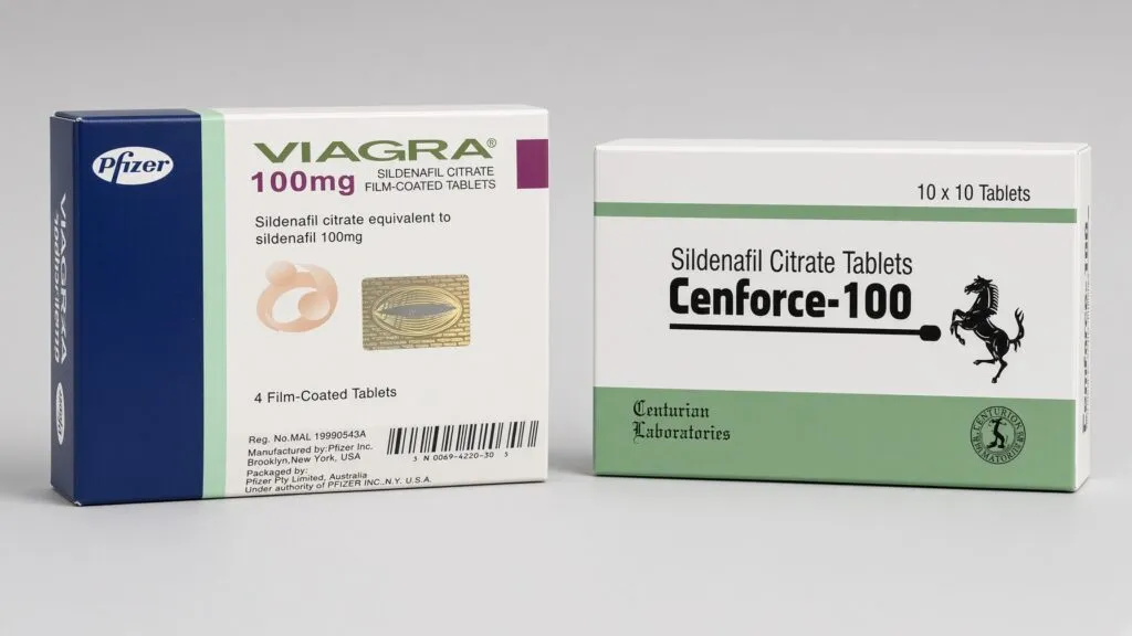 Boîtes originales de Viagra 100 mg (sildénafil, Pfizer) et de Cenforce-100 (sildénafil, Centurion Laboratories) placées côte à côte sur fond neutre